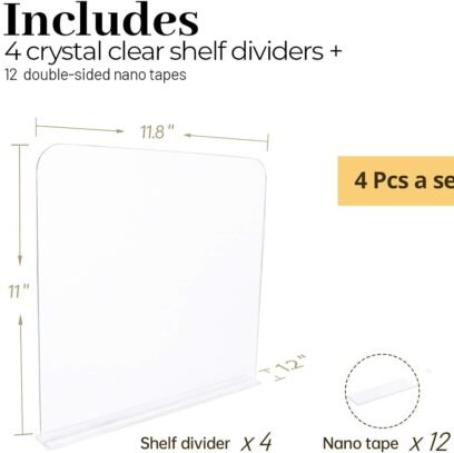 4Pcs Clear Acrylic Shelf Dividers, Adjustable Closet Organizer Fit for Any Thickness of Shelves, Multi-Purpose Wood Shelf Separators for Bedroom, Kitchen, Office, Bathroom, 11.8''x11''