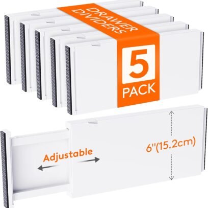 5 Pack Drawer Dividers Plastic 6" High, 13.5-22" Adjustable Drawer Organizers for Clothes, Expandable Dresser Separators in Bedroom/Bathroom/Kitchen/Fridge/Office Organization and Storage