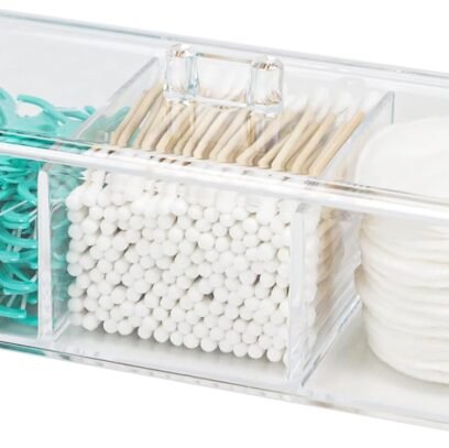 Clear Bathroom Dresser Organizer - Cotton Ball Swab Holder with 3 Divided Compartments&Lid, , Waterproof Transparent Small Plastic Storage Containers, Vanity Makeup Organization