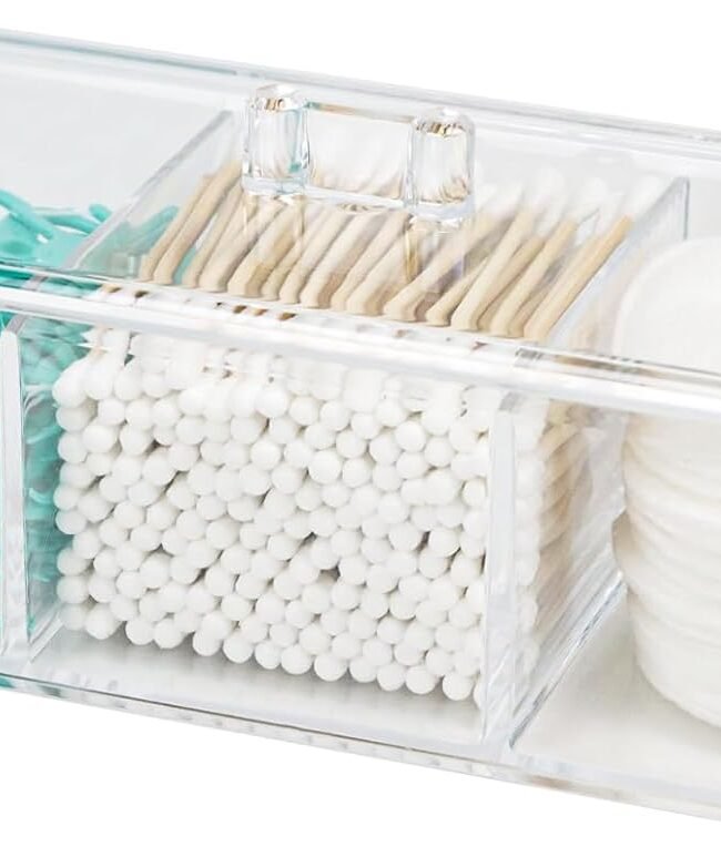 Clear Bathroom Dresser Organizer - Cotton Ball Swab Holder with 3 Divided Compartments&Lid, , Waterproof Transparent Small Plastic Storage Containers, Vanity Makeup Organization